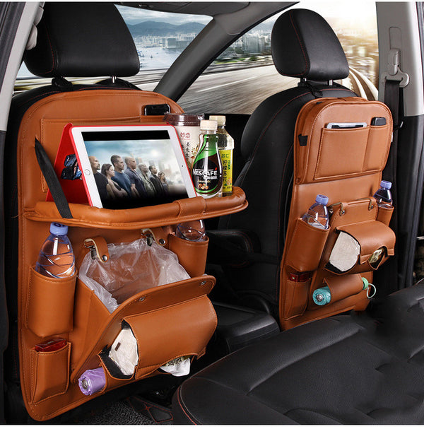 PU Leather Car Seat Back Organizer – Multi-Pocket Storage Bag with Built-In Trash Holder