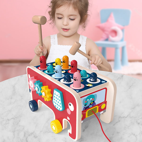 3-in-1 Wooden Montessori Activity Toy – Elephant Pull-Along Bus